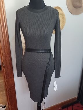 BCX Dress Charcoal Ribbed Long-Sleeve Knit Dress with Faux-Leather Trim